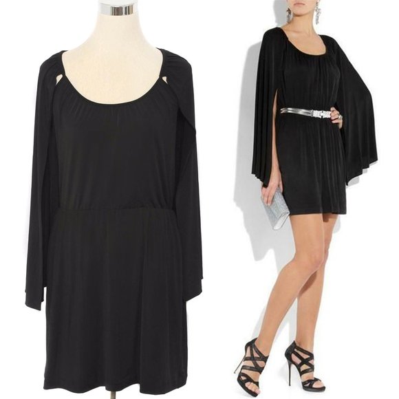 HALSTON HERITAGE Black Blouson Mini Cape Cocktail Party Dress Size 0 - Picture 1 of 6